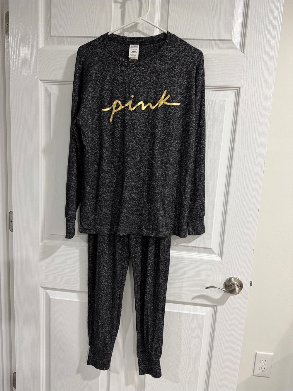 PINK Victoria's Secret Charcoal Pajama Set with Gold Script